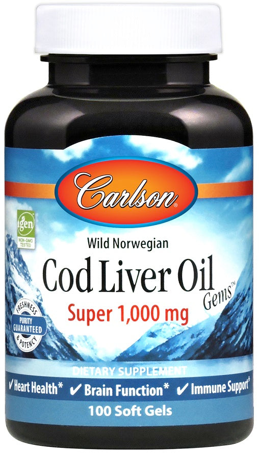 Carlson Labs Wild Norwegian Cod Liver Oil Gems, 1000mg 100 softgels