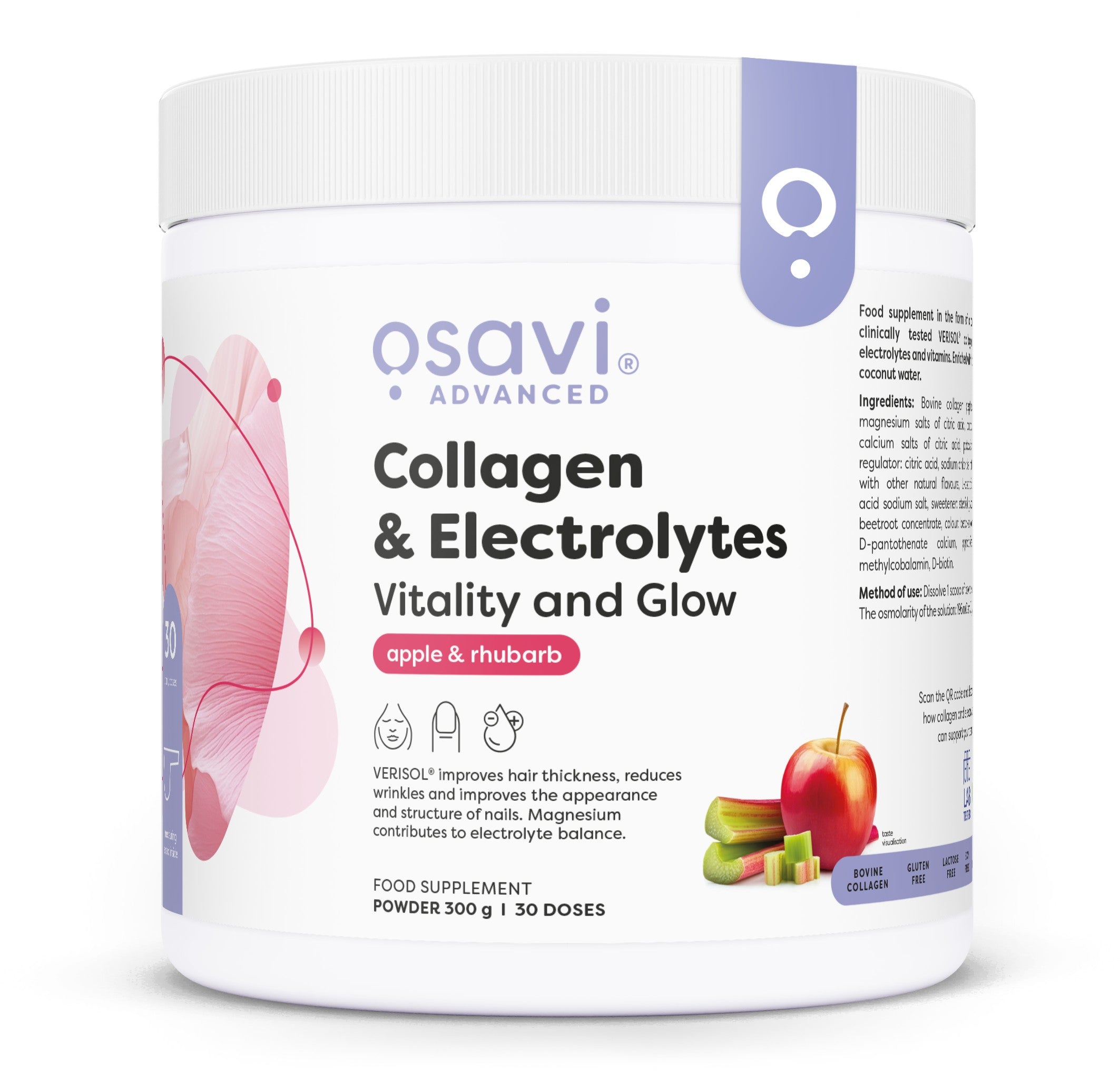 Osavi Collagen Electrolytes Vitality and Glow, Apple & Rhubarb 300g