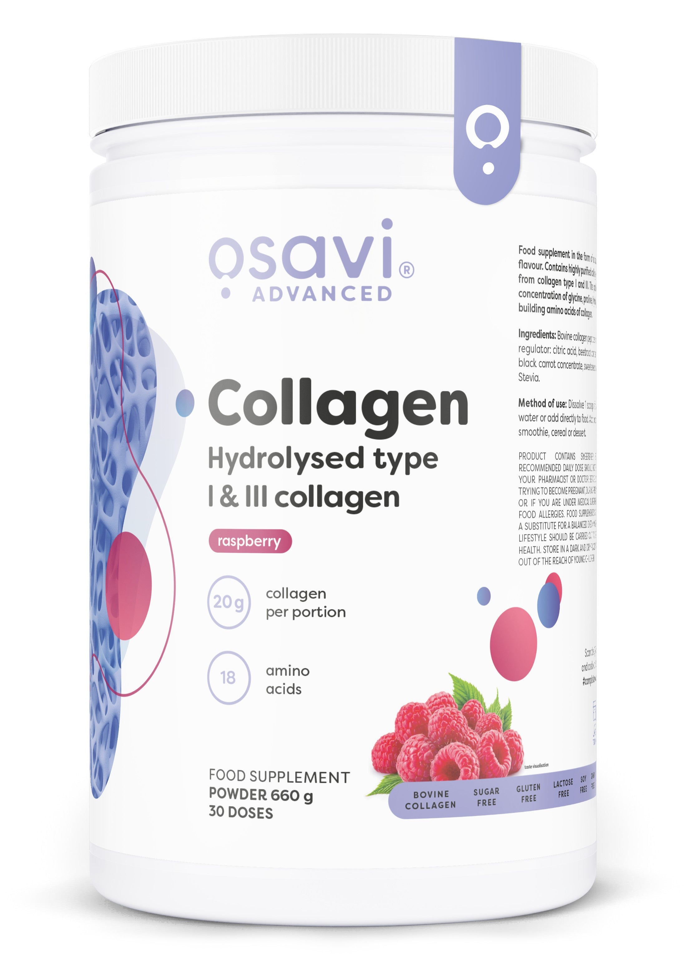 Osavi Collagen Hydrolysed Type I & III, Raspberry 660g